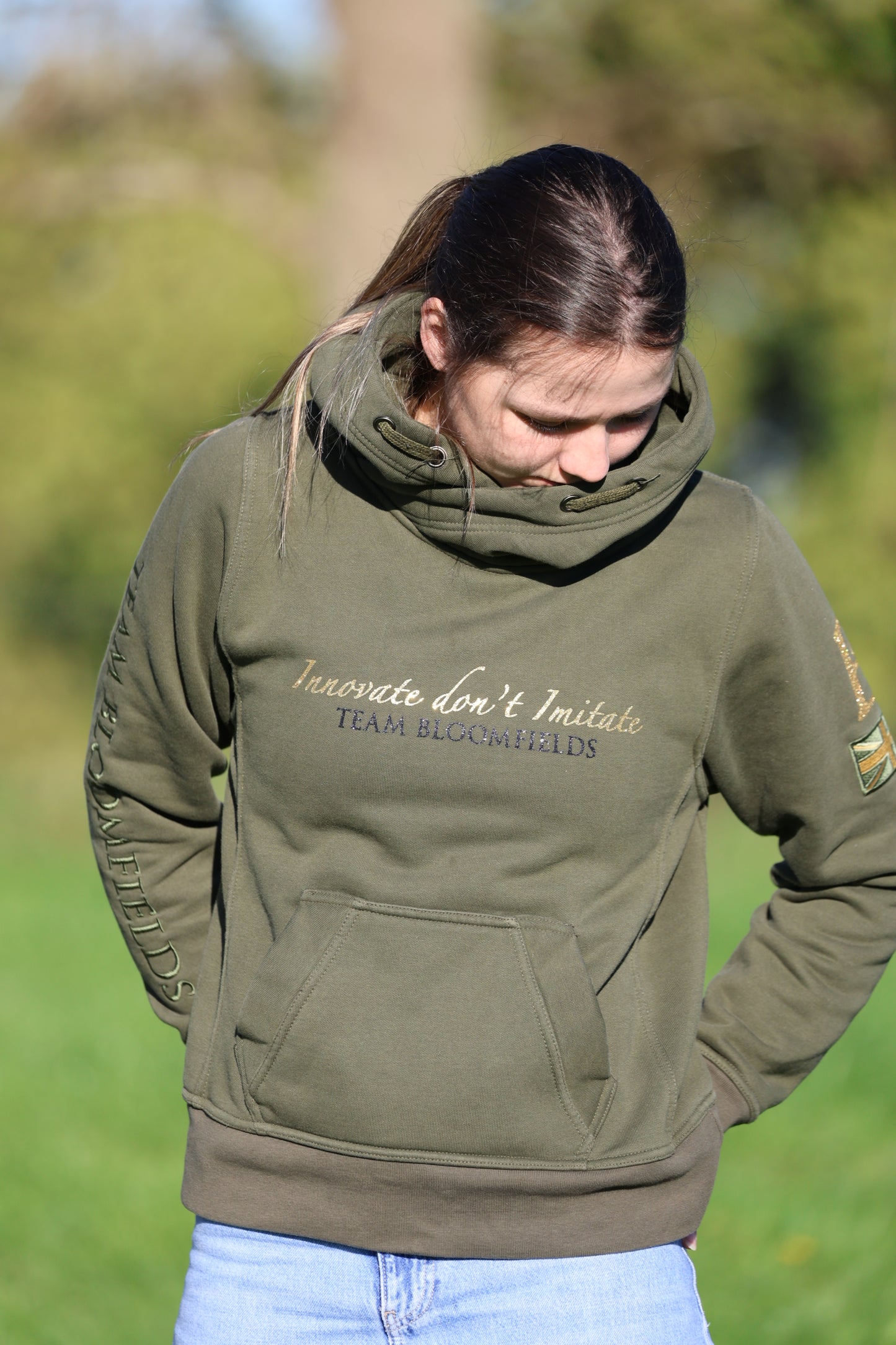 Adelle Ladies Olive Diamanté Cross Necked Hoodie
