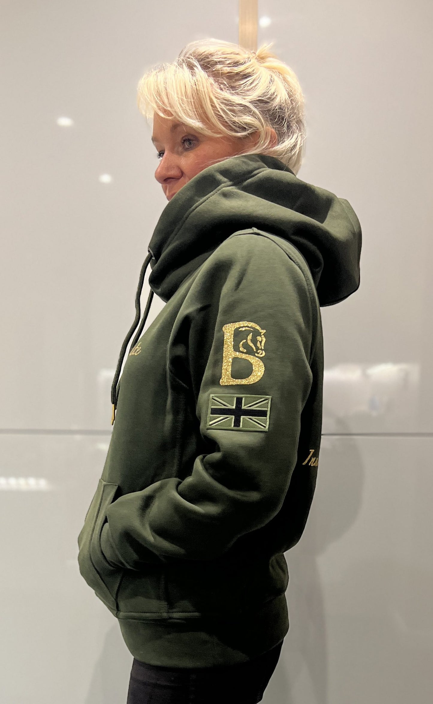 Adelle Ladies Olive Diamanté Cross Necked Hoodie