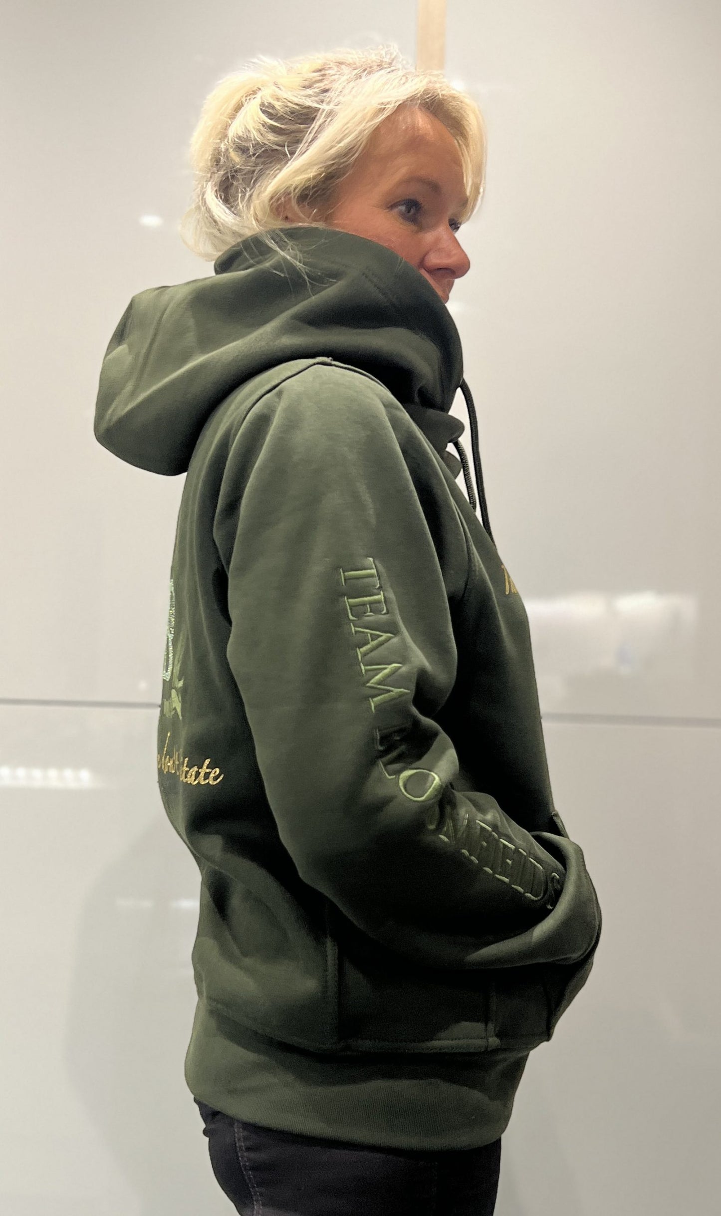 Adelle Ladies Olive Diamanté Cross Necked Hoodie